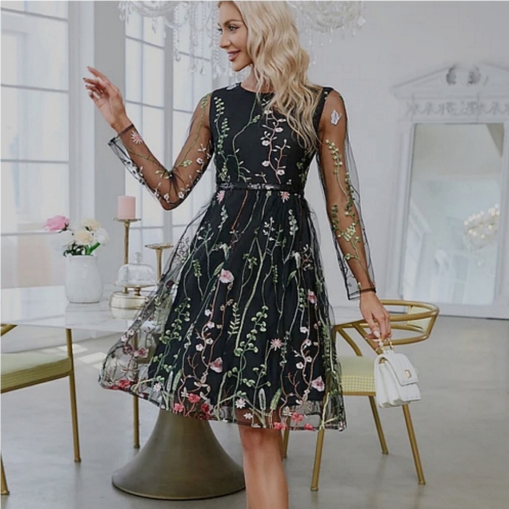 Floral Black Embroidered Dress